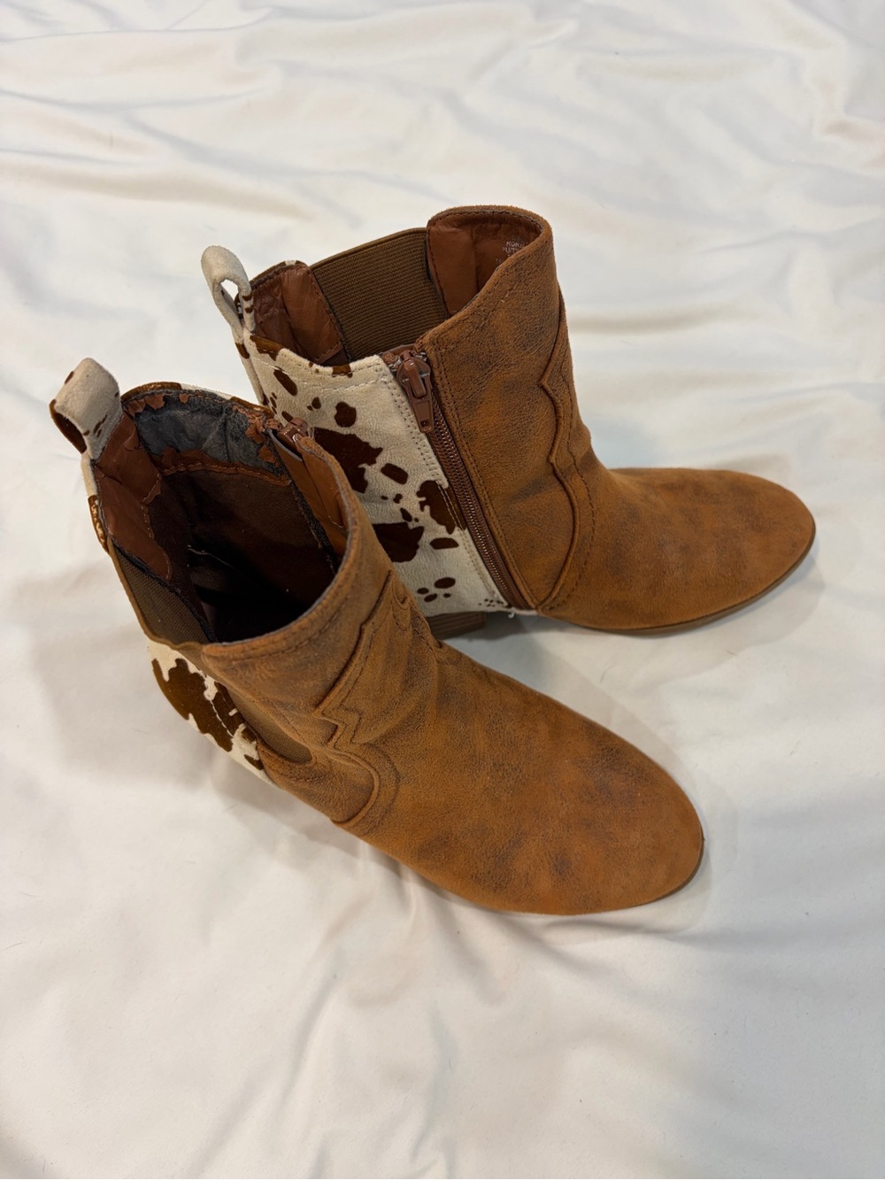 Cow Print Ankle Boots in Tan and White